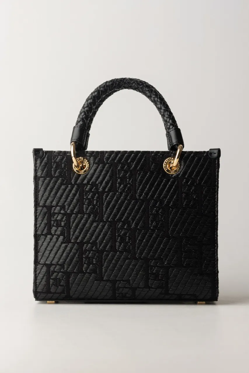 Shopper piccola in rafia con charms Nero