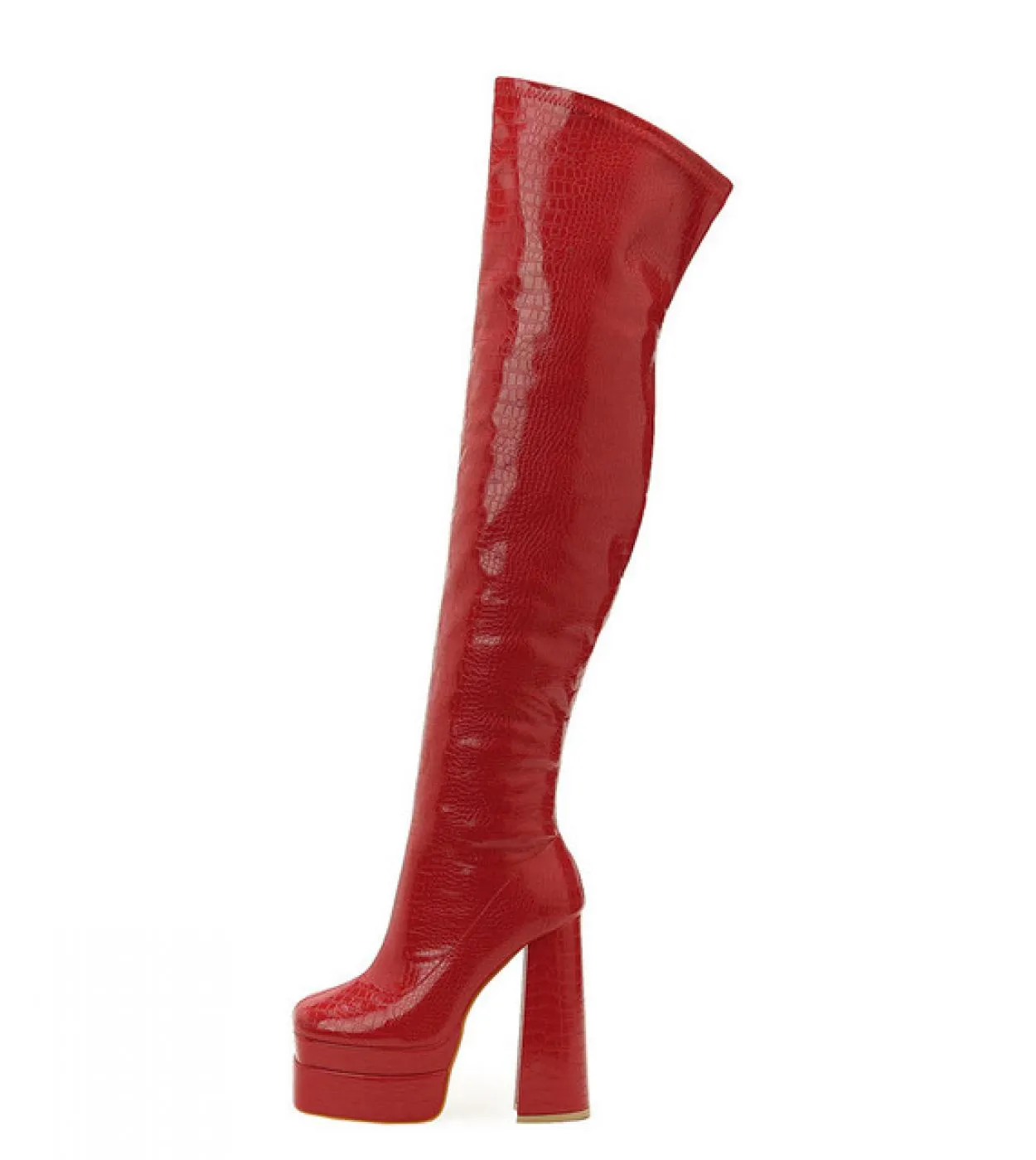 Stivali alti alla coscia da donna in pelle verniciata alla moda Zeppe con plateau Stivali sopra il ginocchio con tacco alto Stiv