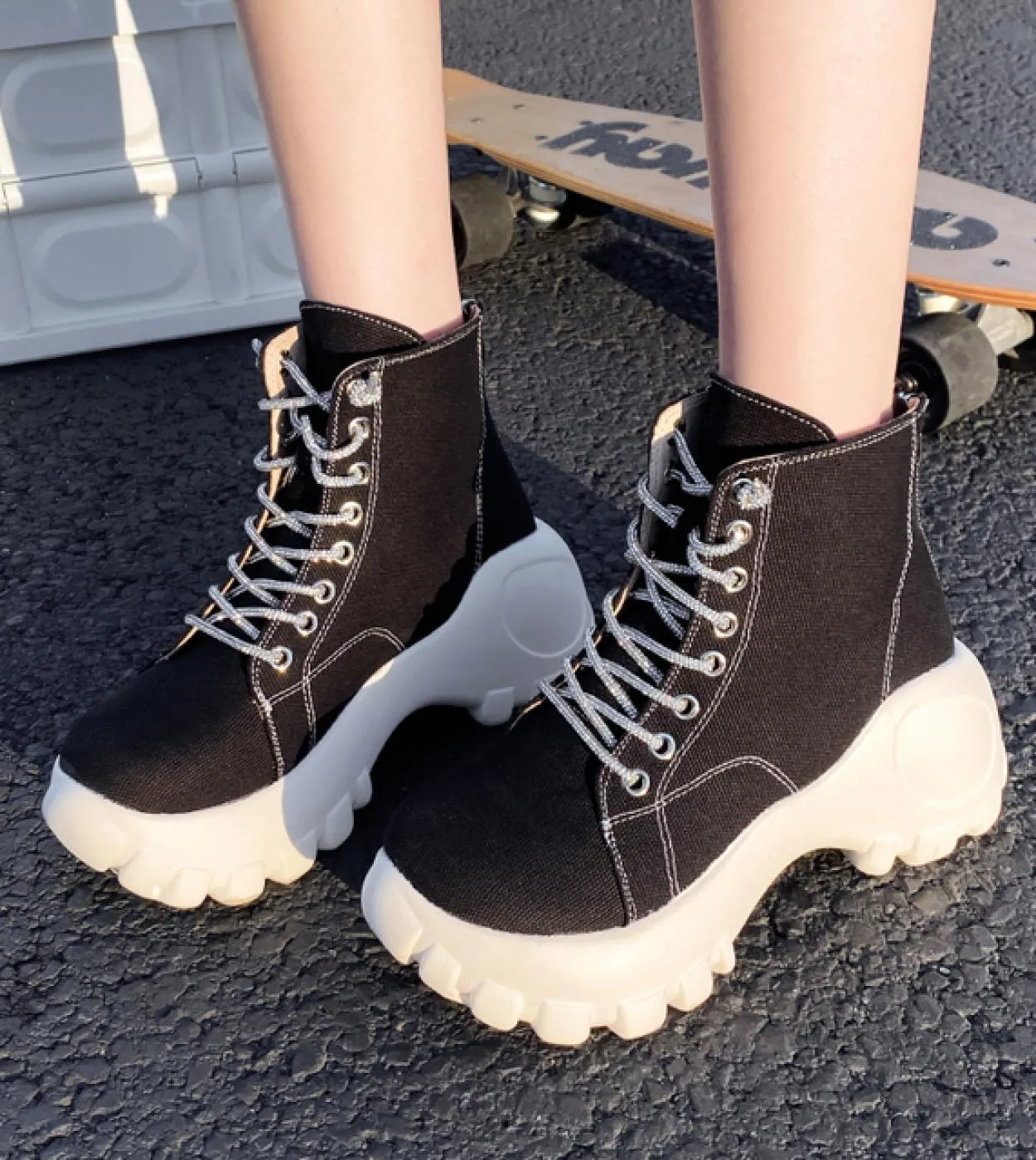 Stivali corti alla moda Donna Nuovi stivali con lacci in tela di alta qualità Stivali con plateau comodi Stivali casual per tutt
