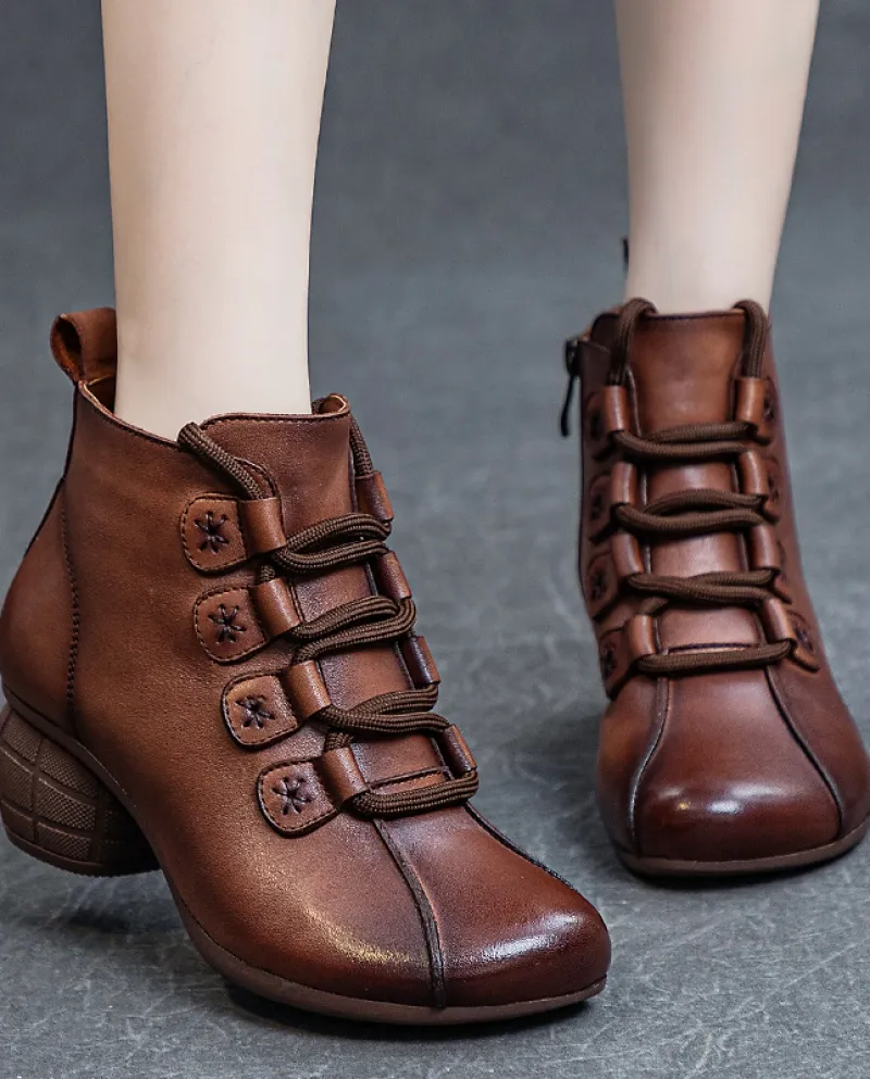 Stivali da donna in autunno e inverno nuovo stile retrò stringati stivali corti in vera pelle tacco spesso suola morbida strato