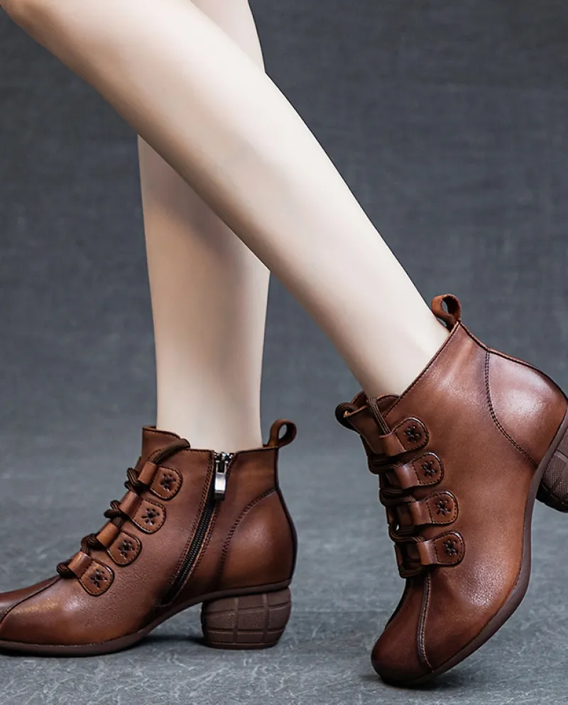 Stivali da donna in autunno e inverno nuovo stile retrò stringati stivali corti in vera pelle tacco spesso suola morbida strato