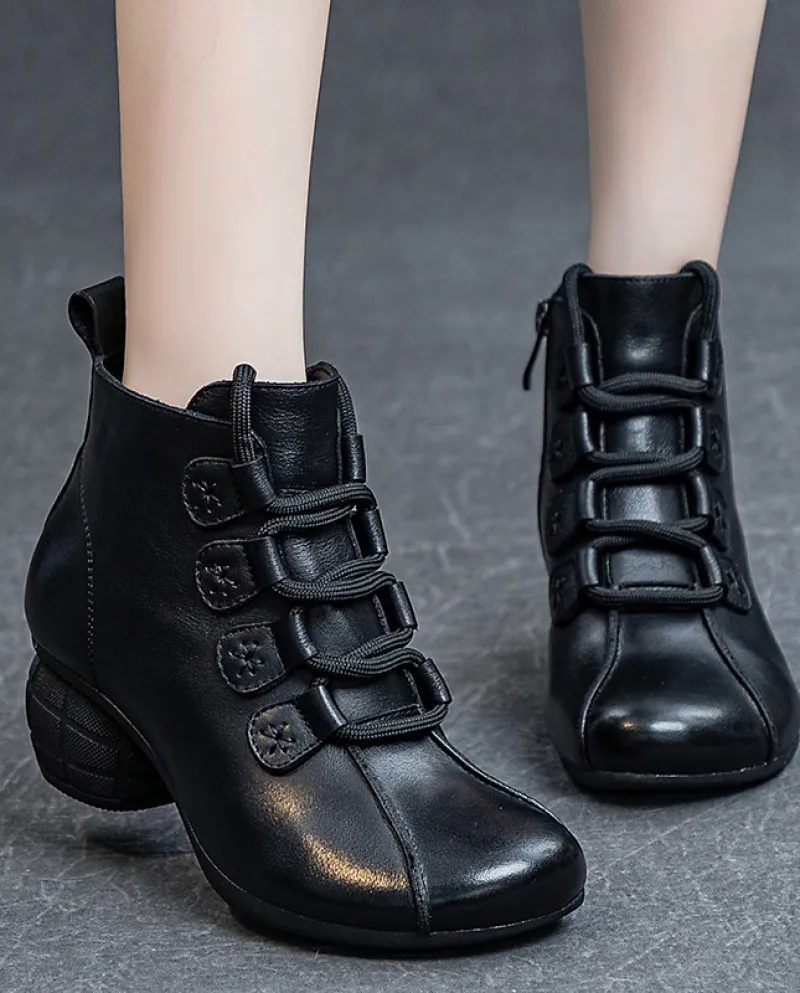 Stivali da donna in autunno e inverno nuovo stile retrò stringati stivali corti in vera pelle tacco spesso suola morbida strato