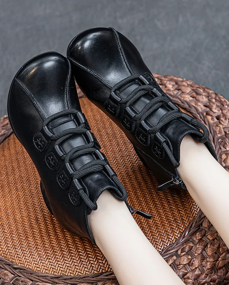 Stivali da donna in autunno e inverno nuovo stile retrò stringati stivali corti in vera pelle tacco spesso suola morbida strato