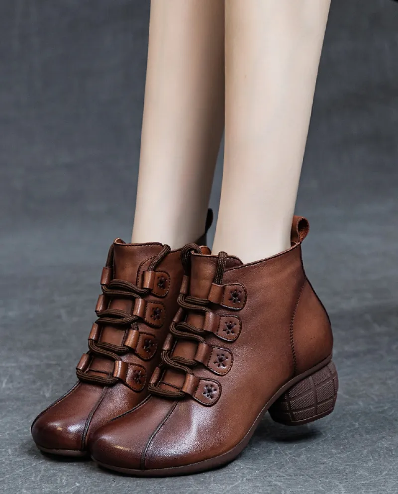 Stivali da donna in autunno e inverno nuovo stile retrò stringati stivali corti in vera pelle tacco spesso suola morbida strato