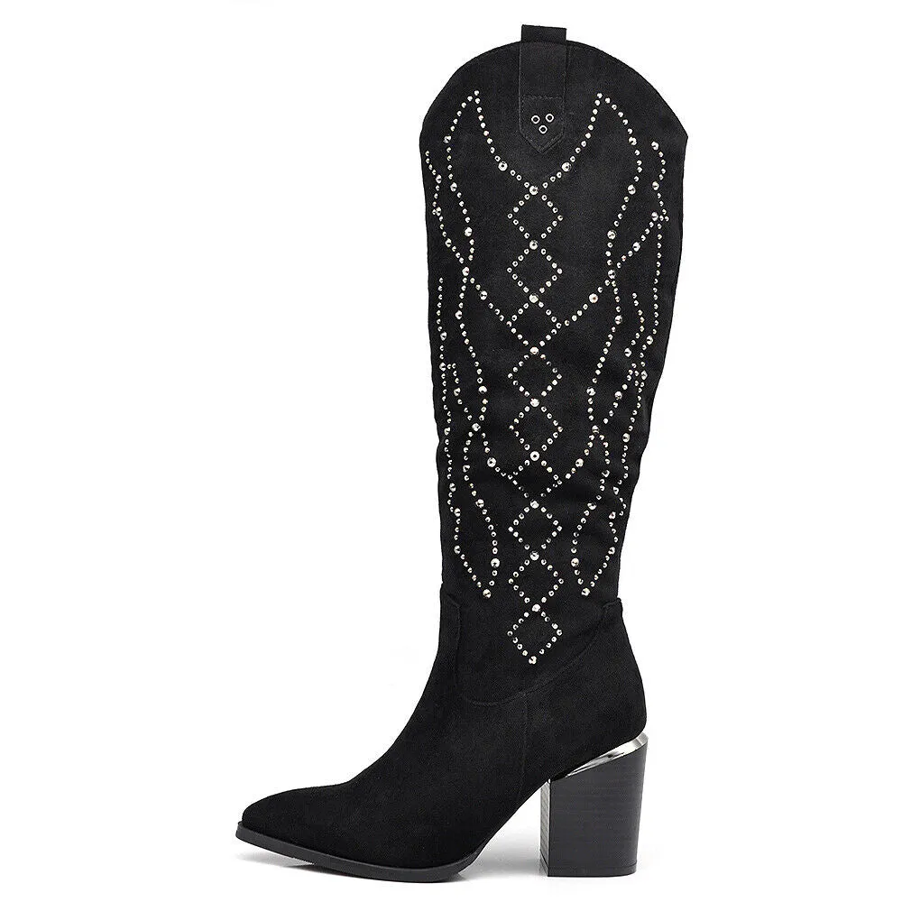 Stivali Texani Camperos Scamosciati Con Strass Tacco Da Donna Elegante XG109