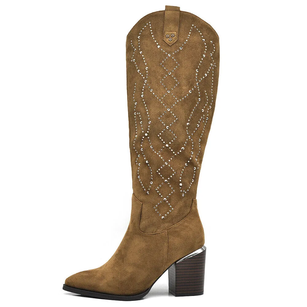 Stivali Texani Camperos Scamosciati Con Strass Tacco Da Donna Elegante XG109