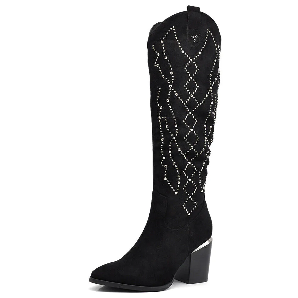 Stivali Texani Camperos Scamosciati Con Strass Tacco Da Donna Elegante XG109