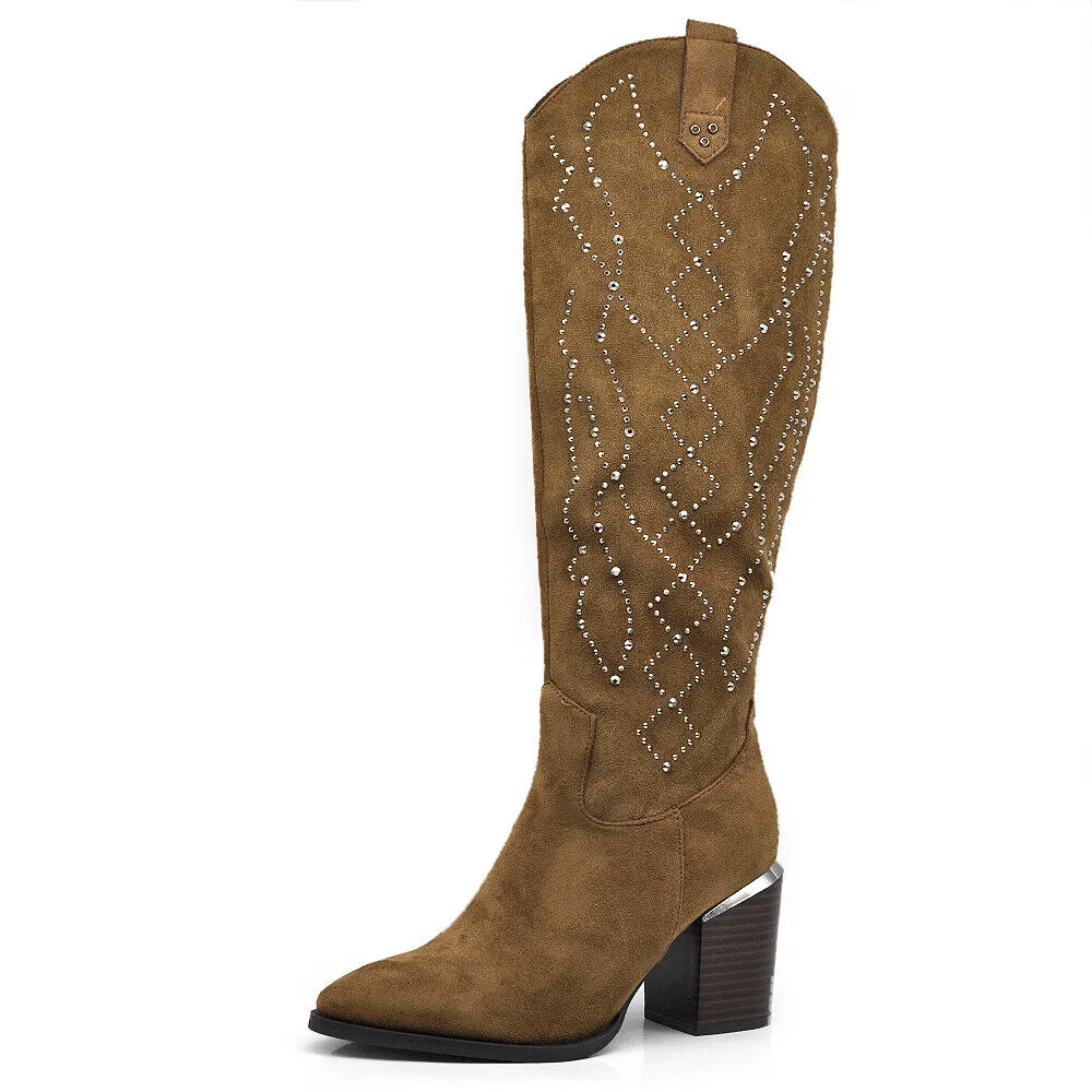 Stivali Texani Camperos Scamosciati Con Strass Tacco Da Donna Elegante XG109