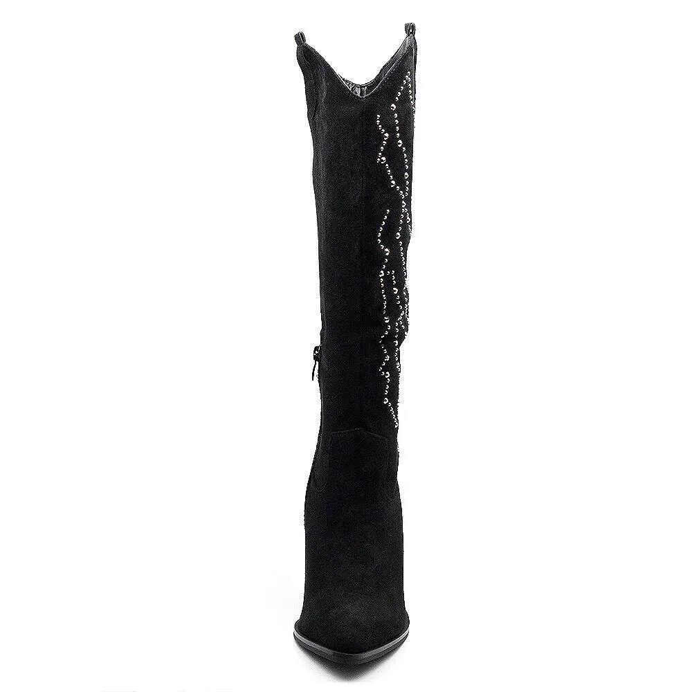 Stivali Texani Camperos Scamosciati Con Strass Tacco Da Donna Elegante XG109