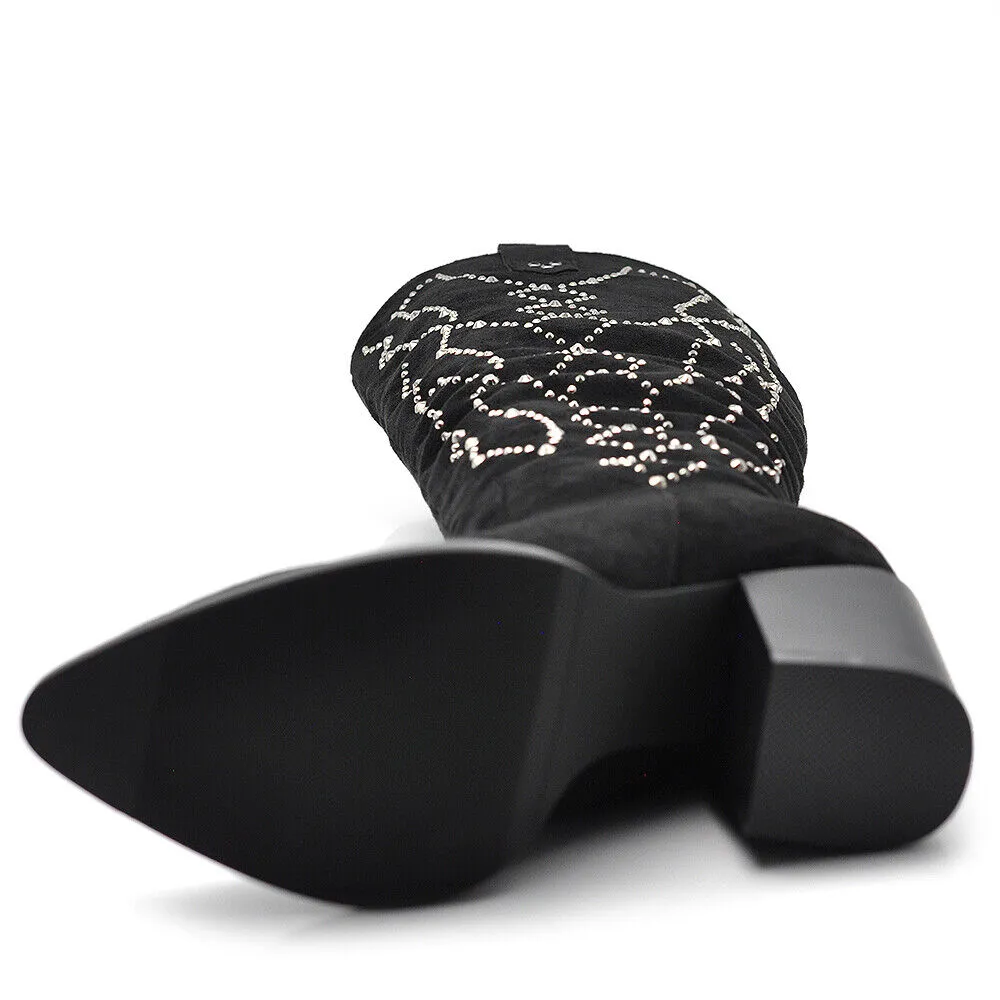 Stivali Texani Camperos Scamosciati Con Strass Tacco Da Donna Elegante XG109